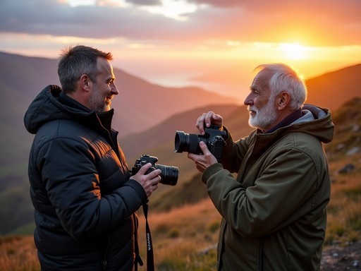 Local Irish photographer showing composition techniques to visitor at scenic Wicklow Mountains overlook
