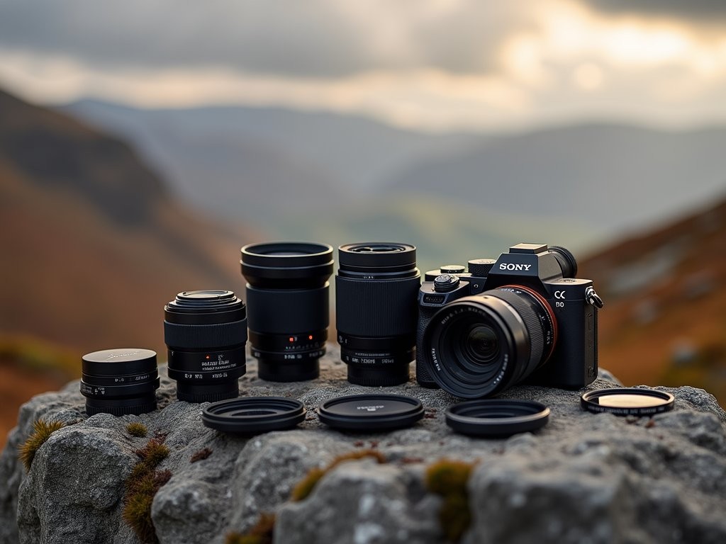 Photography gear arranged on rock with dramatic Wicklow Mountains landscape in background