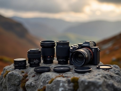 Photography gear arranged on rock with dramatic Wicklow Mountains landscape in background