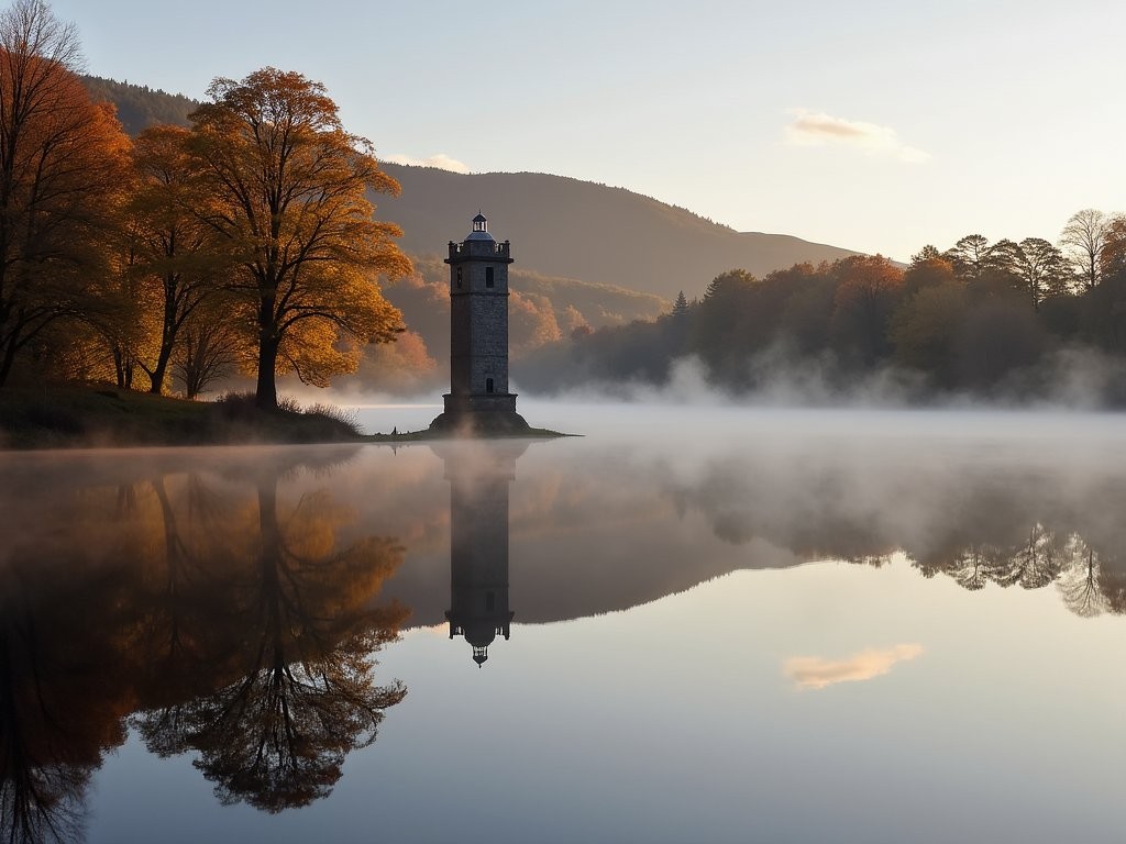 Vartry Reservoir at dawn with perfect reflection of trees and valve tower in still water