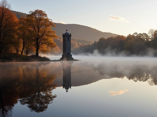 Vartry Reservoir at dawn with perfect reflection of trees and valve tower in still water