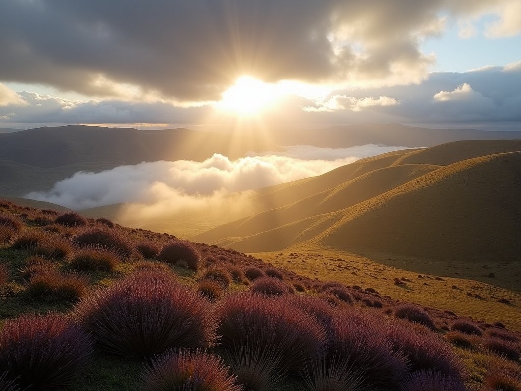 Photographer meditating beside camera on tripod overlooking misty Wicklow Mountains landscape at dawn