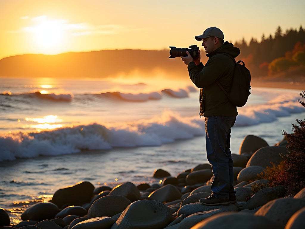 Photographer capturing sunrise along Duluth's Lakewalk with Lake Superior in the background
