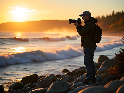 Photographer capturing sunrise along Duluth's Lakewalk with Lake Superior in the background