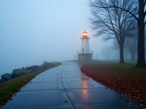 Foggy autumn morning in Canal Park with lighthouse partially obscured by atmospheric mist