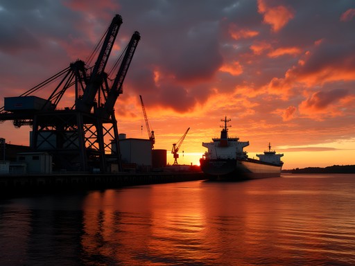 Duluth's industrial harbor with ore docks and lake freighter silhouetted against dramatic autumn sunset