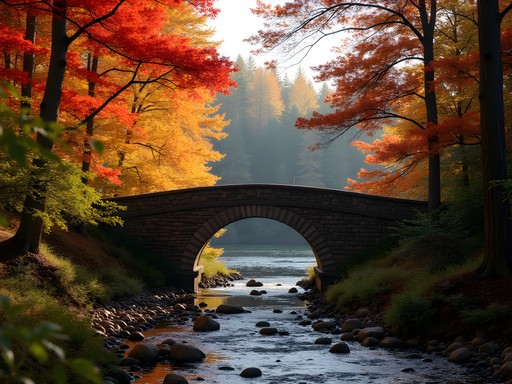 Stone bridge on Seven Bridges Road surrounded by brilliant red and orange autumn foliage in Duluth