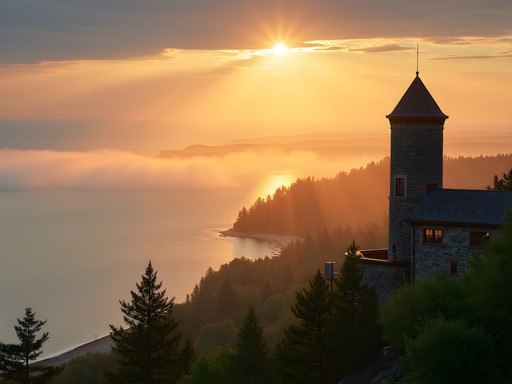 Morning fog rolling across Duluth harbor viewed from Enger Tower lookout