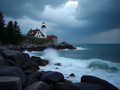 Split Rock Lighthouse perched on cliff edge with dramatic Lake Superior waves below