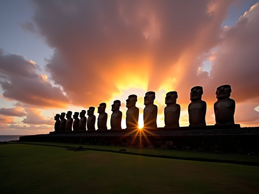 Silhouette of fifteen Moai statues at Ahu Tongariki during dramatic Easter Island sunrise