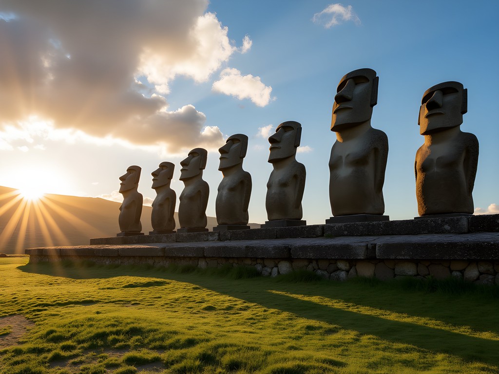 Photographer capturing the seven Moai statues at Ahu Akivi on Easter Island