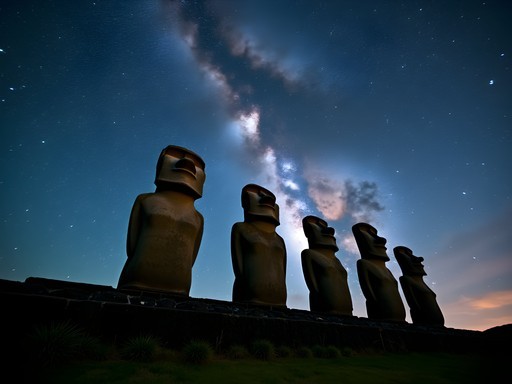 Moai statues silhouetted against brilliant Milky Way galaxy on Easter Island