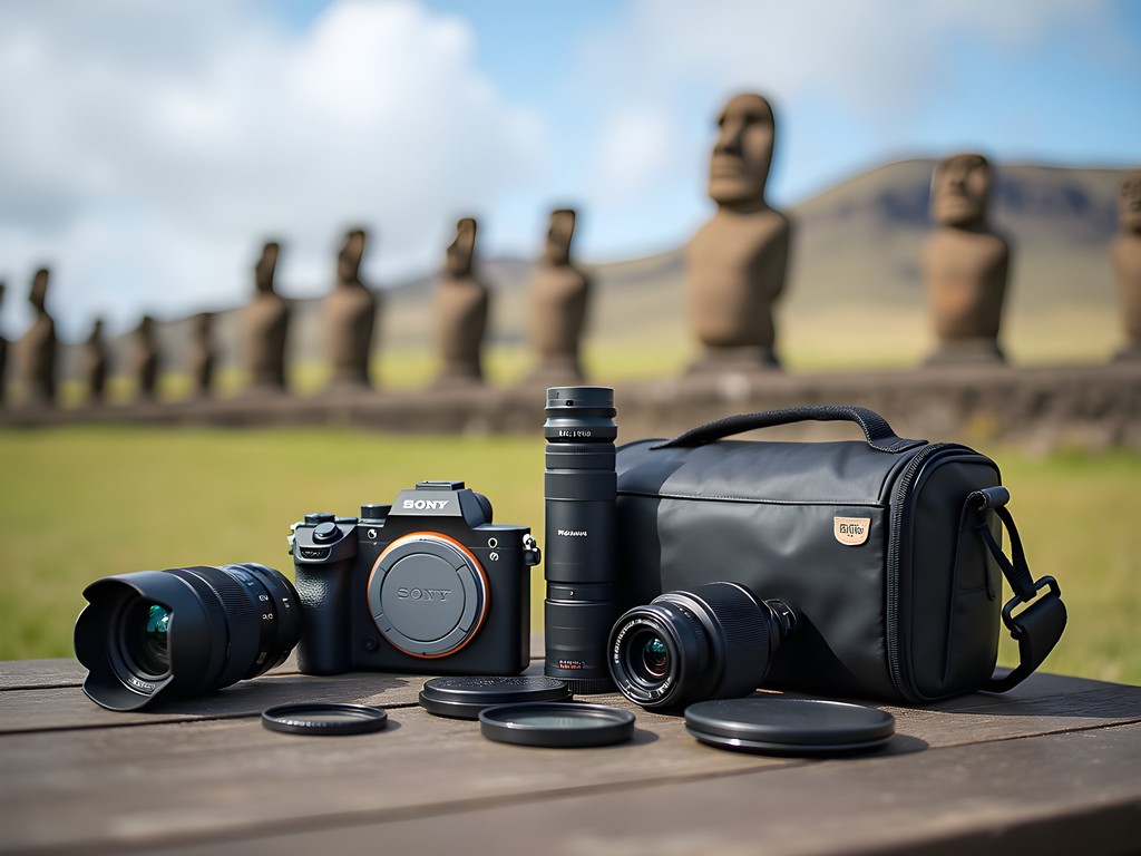 Professional camera equipment arranged for Easter Island photography