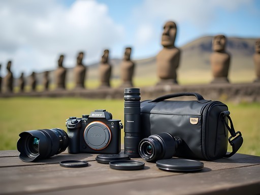 Professional camera equipment arranged for Easter Island photography