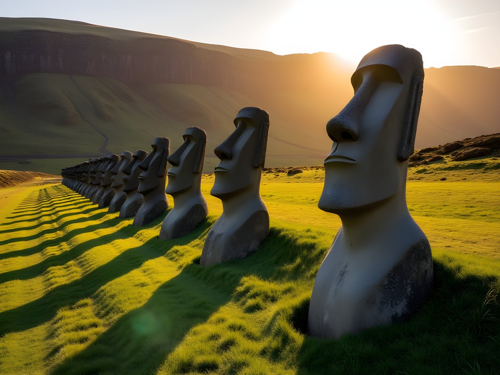 Partially buried Moai statues at Rano Raraku quarry with dramatic afternoon lighting