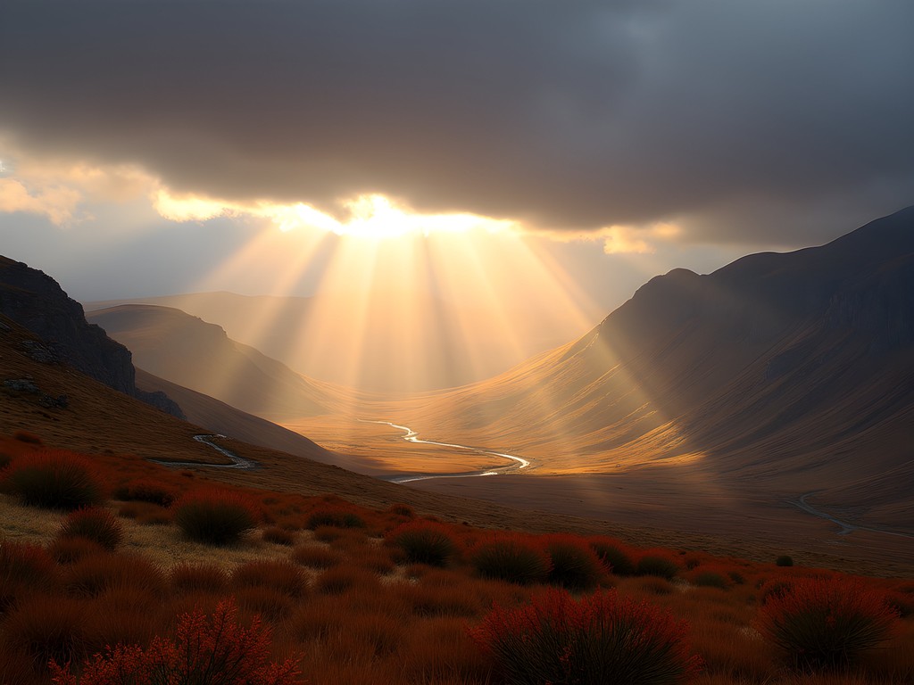 Dramatic light beams breaking through clouds over Cairngorms National Park autumn landscape