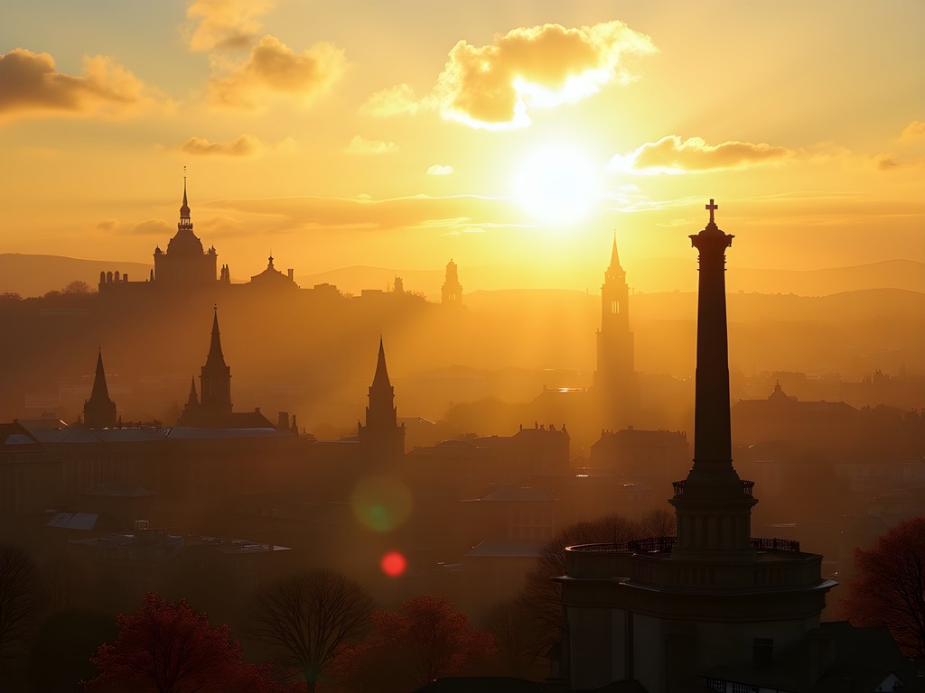 Golden sunrise over Edinburgh cityscape viewed from Calton Hill monuments