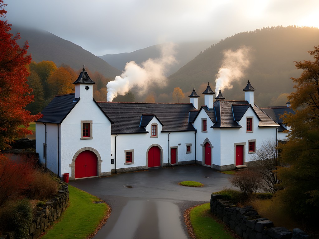 Edradour Distillery's white buildings with red doors nestled in misty Scottish Highland autumn landscape