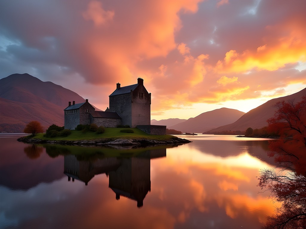 Eilean Donan Castle at sunset with perfect reflection in still waters and dramatic clouds overhead