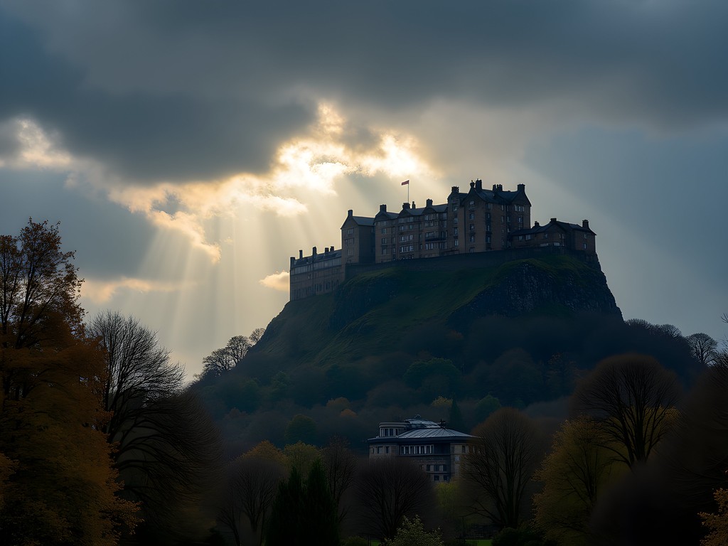 Edinburgh Castle on its volcanic rock with dramatic stormy clouds