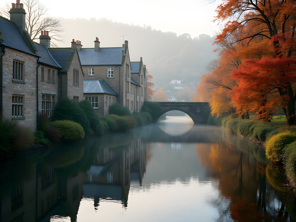 Dean Village in Edinburgh with autumn colors reflecting in the Water of Leith
