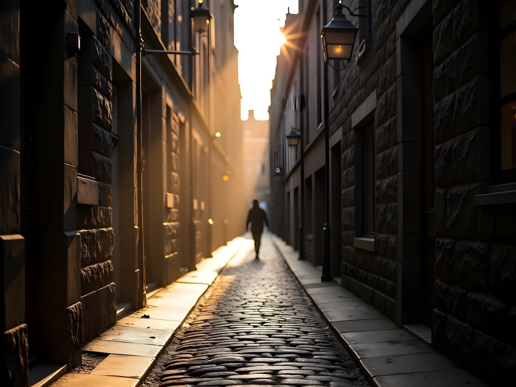 Dramatic light and shadow play in a narrow close off Edinburgh's Royal Mile