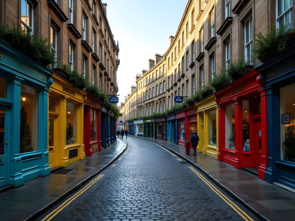 Curved perspective of colorful Victoria Street in Edinburgh's Old Town