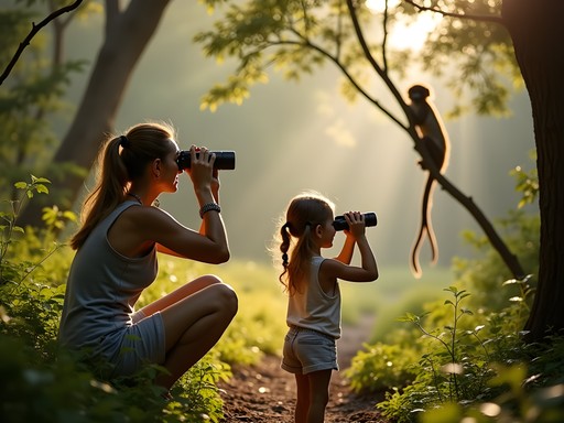 Mother and daughter photographing vervet monkeys in Entebbe Botanical Gardens