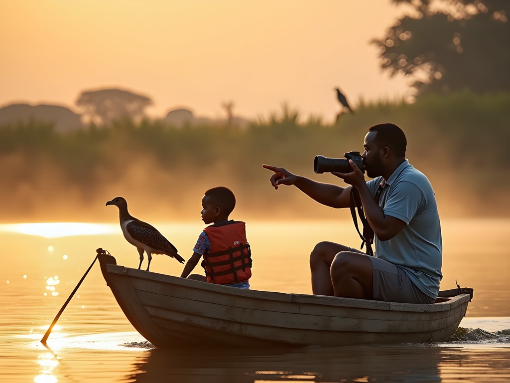 Family on photography boat safari on Lake Victoria