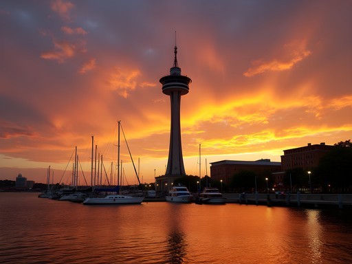 Erie's Bicentennial Tower silhouetted against dramatic orange and purple sunset over Lake Erie