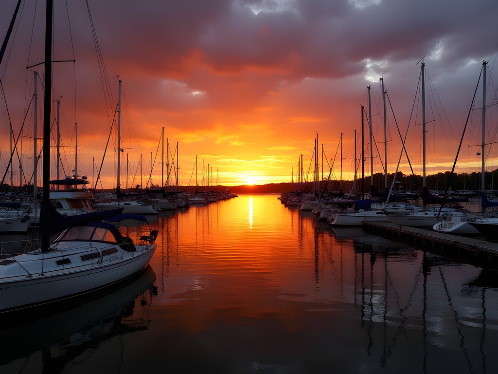 Fishing boats silhouetted against colorful sunset at Walnut Creek Marina with Lake Erie in background