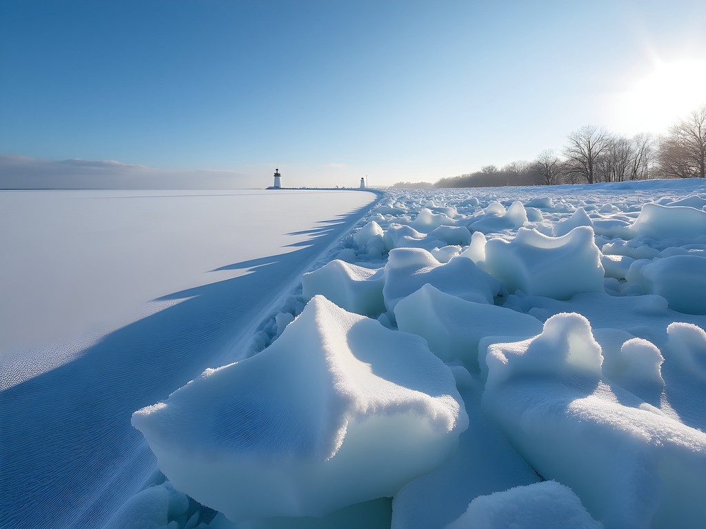 Dramatic ice formations along Presque Isle shoreline with lighthouse in background during winter