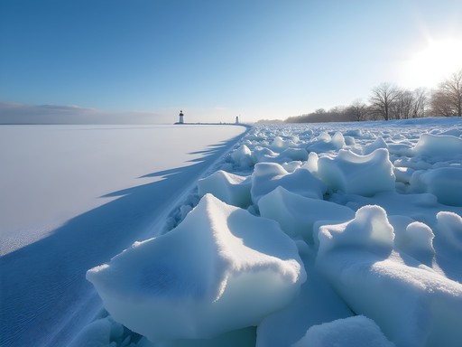 Dramatic ice formations along Presque Isle shoreline with lighthouse in background during winter