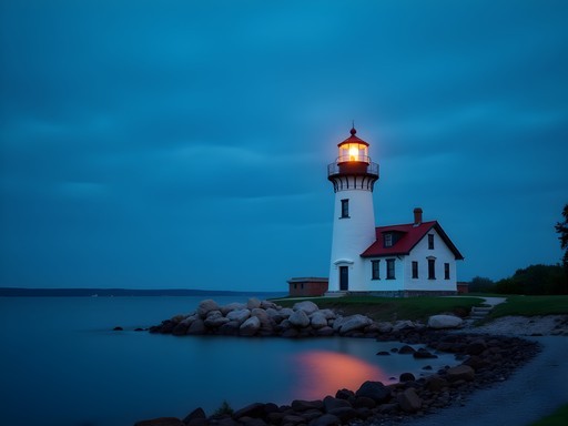 Presque Isle Lighthouse at blue hour with illuminated beacon against deep blue sky
