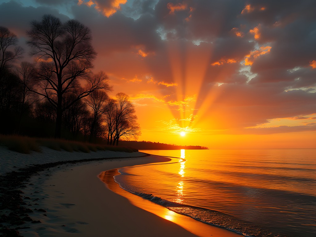Golden sunset over Presque Isle peninsula with silhouetted trees and calm water reflections