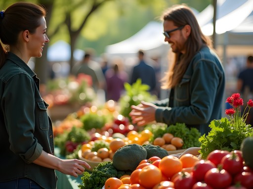 Colorful organic produce display at Eugene Saturday Market with vendor and customers