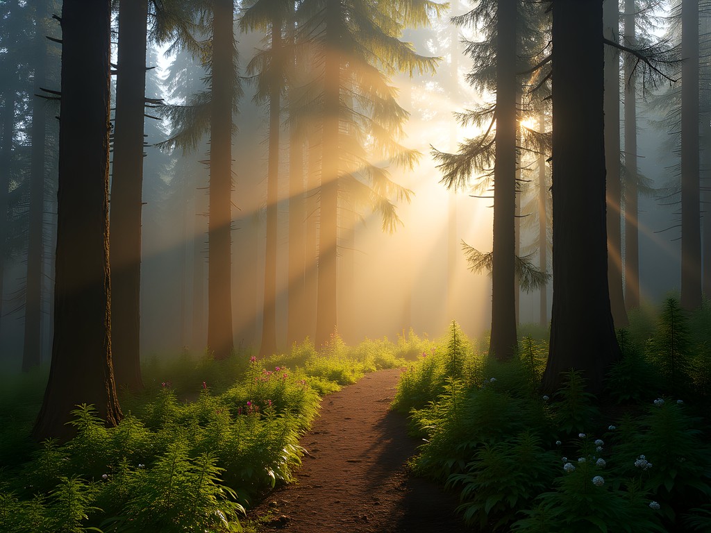 Sunlight filtering through misty forest on Spencer Butte trail in Eugene