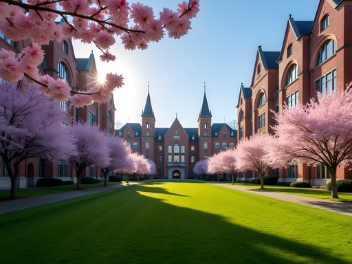 Cherry blossoms framing historic buildings at University of Oregon Memorial Quad in spring