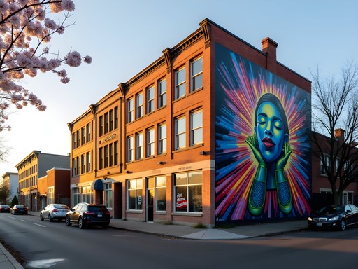 Colorful street art mural in Eugene's Whiteaker neighborhood at golden hour
