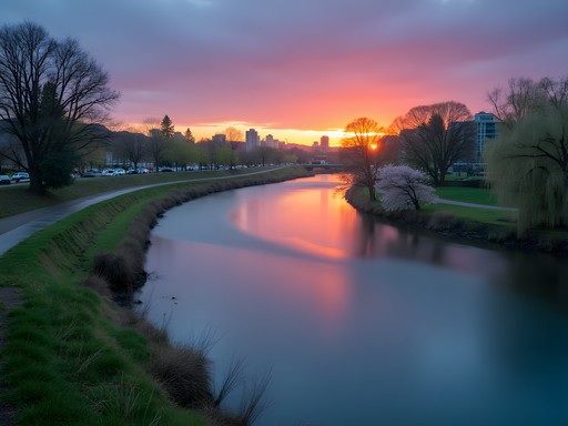 Long exposure photograph of Willamette River at sunset with Eugene skyline