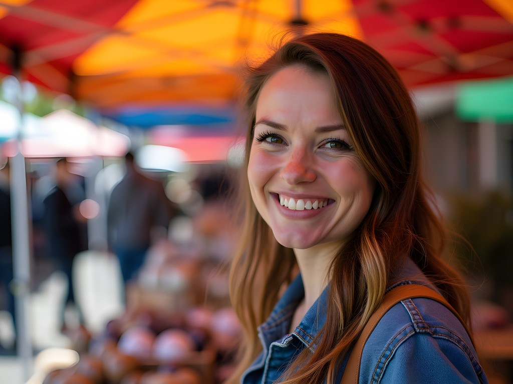 Environmental portrait of artisan vendor at Eugene Saturday Market with colorful handcrafted goods in spring