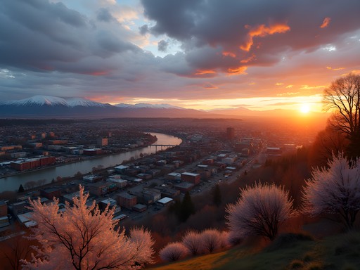 Golden hour cityscape of Eugene from Skinner Butte showing the Willamette River and Cascade mountains in spring