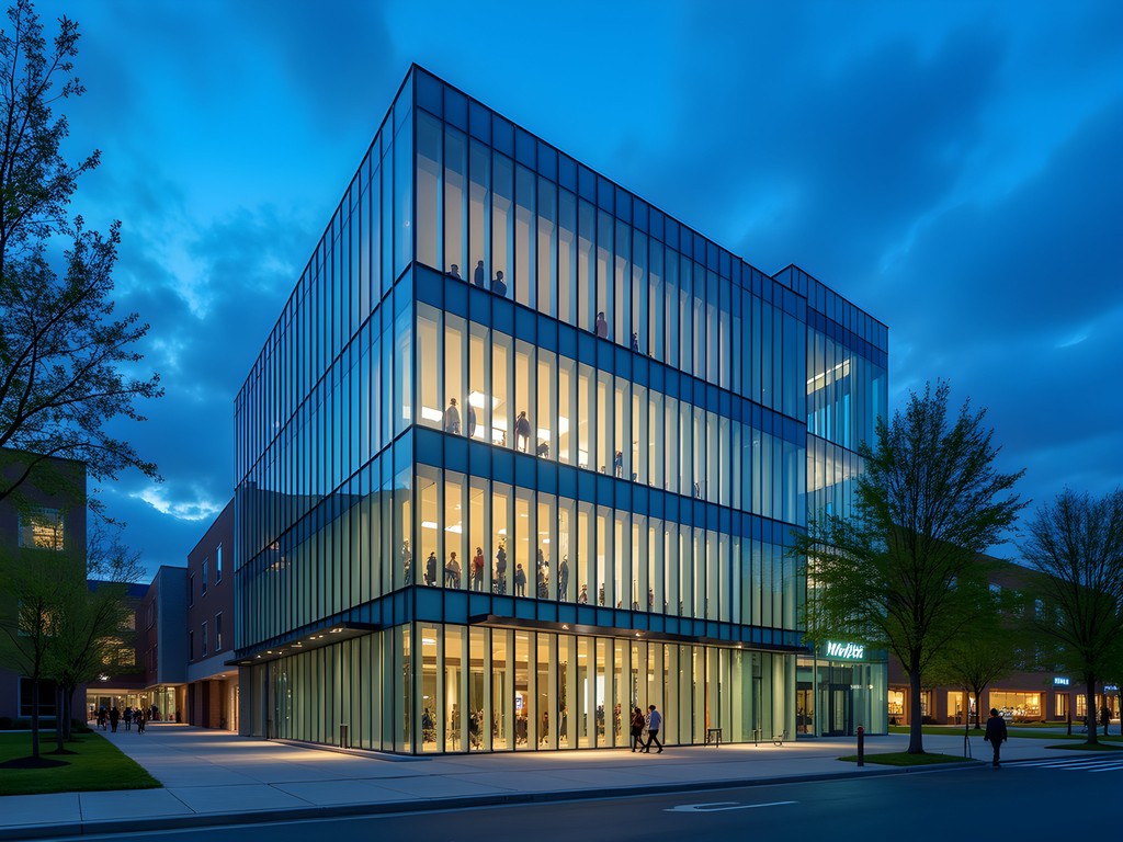 Blue hour photograph of the Phil and Penny Knight Campus with dramatic reflections and smart glass technology visible