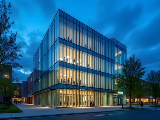 Blue hour photograph of the Phil and Penny Knight Campus with dramatic reflections and smart glass technology visible