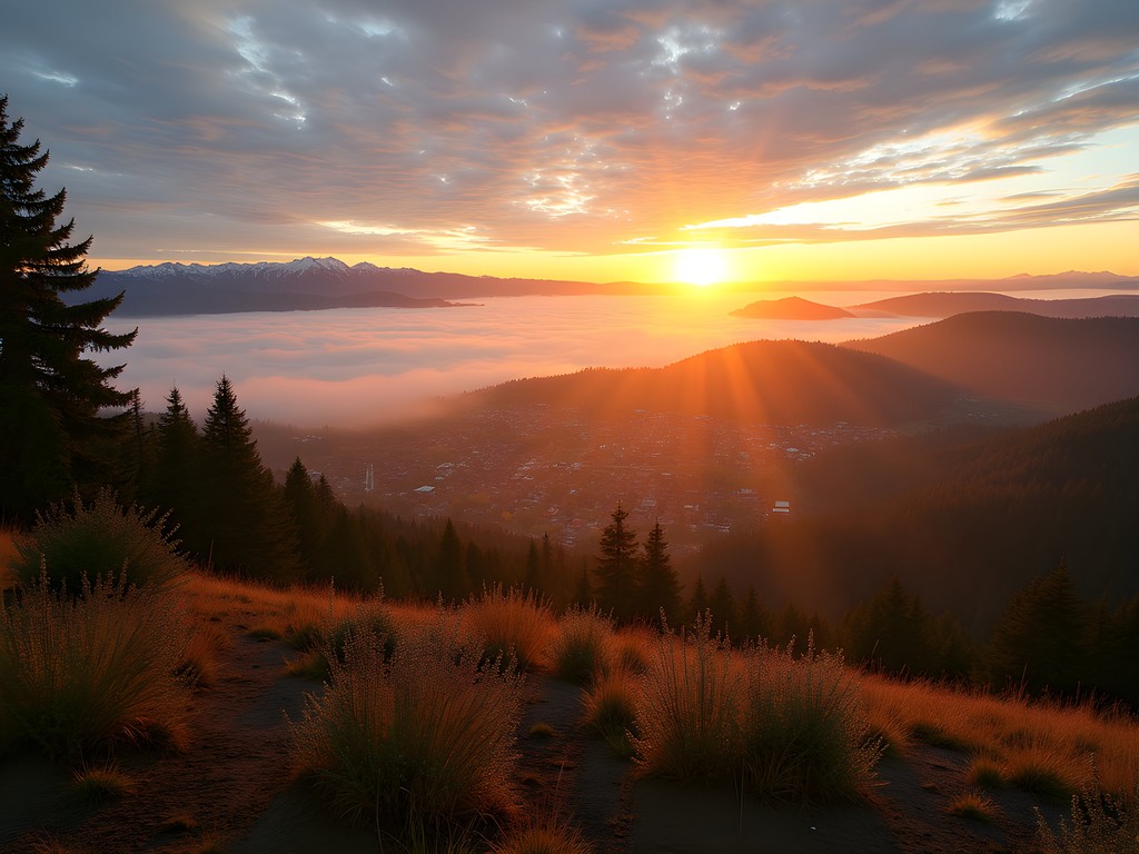 Panoramic sunrise view from Spencer Butte showing Eugene and the Willamette Valley covered in morning mist