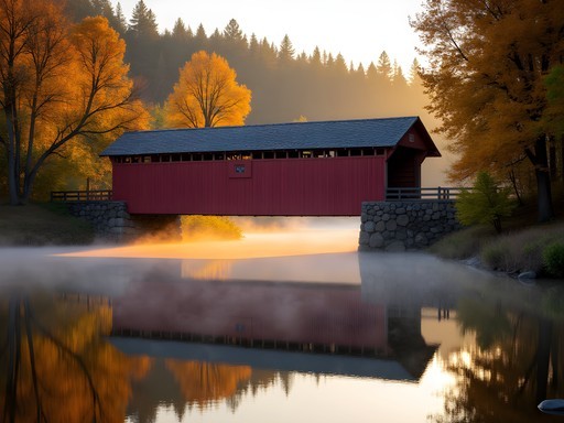 Historic Dorena covered bridge with perfect reflection in still water surrounded by fall foliage