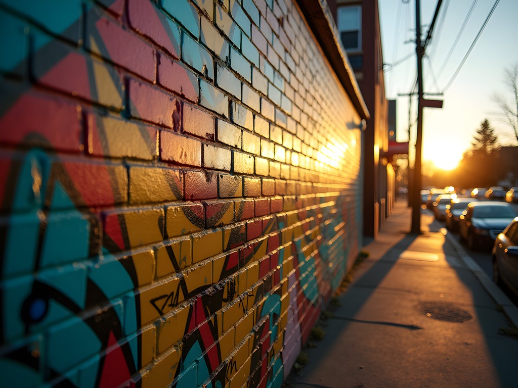 Photographer capturing colorful mural in Eugene's Whiteaker neighborhood at sunset