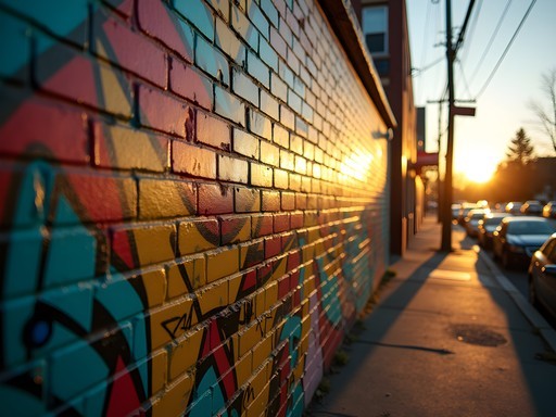 Photographer capturing colorful mural in Eugene's Whiteaker neighborhood at sunset