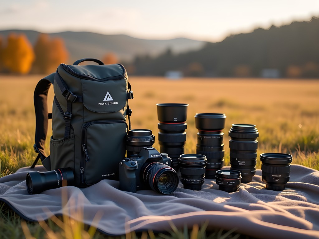 Photography gear laid out with camera, lenses and accessories with Willamette Valley landscape in background