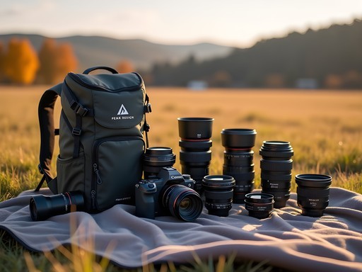 Photography gear laid out with camera, lenses and accessories with Willamette Valley landscape in background
